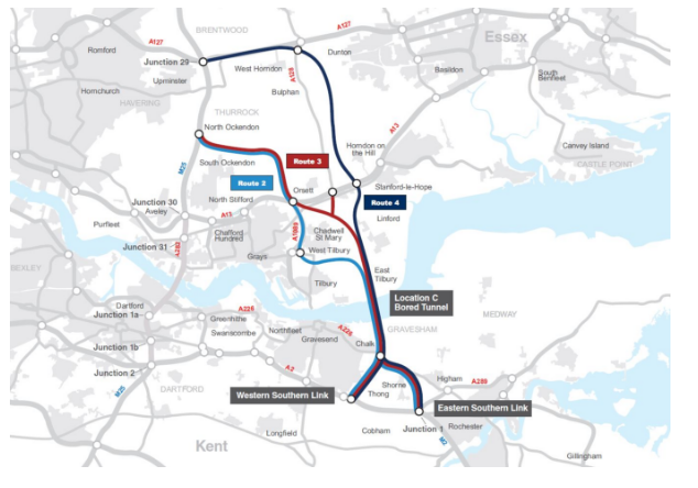 • Option C- Connecting the M2 with the A13 and the M25 between junctions 29 and 30 through a bored tunnel. 